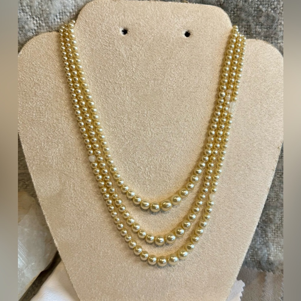 Vintage 1960’s Faux Pearl 3-Strand Ornate Safety Clasp Necklace 18”